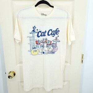 Disney Cat Cafe Graphic Short Sleeve T-Shirt M Cream/Blue
